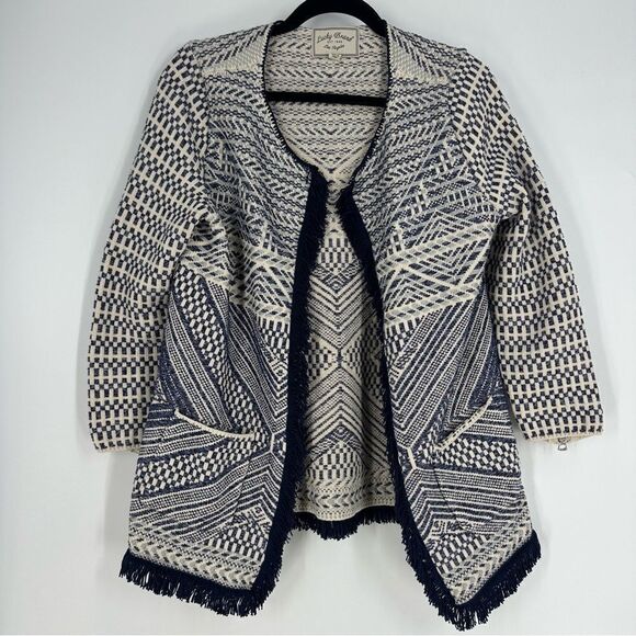 Lucky Brand Sweaters - LUCKY BRAND Boho Blue Cream Geometric Knit Fringe Open Cardigan Sweater Sz Large
